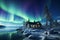 Stunning Winter Wonderland. Cozy House Illuminated by Mesmerizing Northern Lights in Snowy Landscape