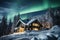 Stunning Winter Wonderland. Cozy House Illuminated by Mesmerizing Northern Lights in Snowy Landscape