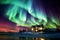 Stunning Winter Wonderland. Cozy House Illuminated by Mesmerizing Northern Lights in Snowy Landscape