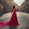 Stunning woman a beautiful red dress in an empty old town square, view from the back, generative AI illustration