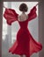 Stunning woman a beautiful red dress, fashion model by the window, view from the back, generative AI illustration