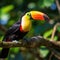 A stunningly beautiful toucan perches on a branch