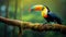 A stunningly beautiful toucan perches on a branch