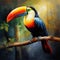 A stunningly beautiful toucan perches on a branch