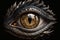 Stunningly Exotic Dragon Eye, brown, bronze metallic symmetrical Design on Black Background, AI Generative