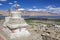 Stupas at the Karzok village on the shore of Tso Moriri Lake in Ladakh, India