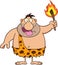 Stupid Caveman Cartoon Character Holding Up A Fiery Torch