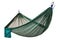 Sturdy green mesh hammock stretched on the ropes, compact and lightweight, on a white background