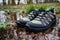 Sturdy Hiking Boots in Puddle on Forest Trail