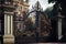 sturdy iron gates, with artistic scrollwork and detailed ornamentation, standing guard over grand manor house