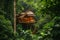 A sturdy wooden tree house nestled amidst the lush greenery and towering trees of a dense forest, A treehouse in a lush, tropical