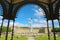 STUTTGART, GERMANY - JUNE 12, 2019: Arch cloister in Schlossplatz square with JubilÃ¤umssÃ¤ule column and the New Palace Neues