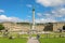 STUTTGART, GERMANY - JUNE 12, 2019: tourists in Schlossplatz with JubilÃ¤umssÃ¤ule column and the New Palace Neues Schloss