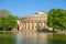 Stuttgart State Theatre Opera building and fountain in Eckensee lake, Germany