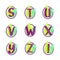 Stuvwxyz letters. Oval leaf pattern alphabet set. Purple lettering type characters.