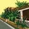 Style beautiful drawing of a sunny summer street with houses and palms