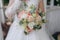 style, floral arranging, wedding concept. young woman dressed in extremely beautiful snowy white dress with puffy skirt
