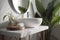 style leaf sink interior white clean tropical green bathroom home design. Generative AI.