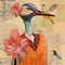 In the style of a painting and collage of a bird woman, wearing a flowery dress. AI Generated