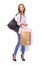 Style, shopping bags and young woman in a studio with elegant, trendy and stylish outfit for confidence. Happy