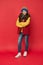 Style your look with casual outfit. Small child wear casual style. Little girl in casual clothing red background. Casual