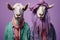Styled happy goats on solid pastel color background fashion studio shot with copy space