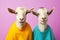 Styled and joyful goats on solid pastel colored background with ample space for text placement