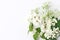 Styled stock photo. Decorative floral composition. Wild birthday bouquet of blossoming white nettle, lilac, cow parsley