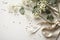 Styled stock photo. Feminine wedding desktop mockup with baby\\\'s breath Gypsophila flowers, dry green eucalyptus leaves