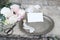 Styled stock photo. Feminine wedding still life composition with vintage silver tray, old scissors and silk ribbons