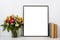 Styled tabletop, empty frame, painting art poster interior mock-