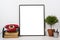 Styled tabletop, empty frame, painting art poster interior mock-