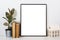 Styled tabletop, empty frame, painting art poster interior mock-