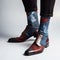 Stylised Patchwork Socks: Dark Red And Sky-blue Canvas With Polished Craftsmanship