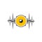 Stylised yellow speaker on dark waves. Minimalistic sound logo on white background. Vector illustration
