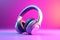 stylish 3d icon of generic wireless headphones on pink purple gradient background, mixed digital 3d illustration and matte