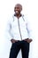 Stylish african male model posing against white background