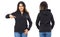 Stylish afro american girl in hoodie front and back view - black woman in black sweatshirt mockup isolated on white background