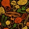 Stylish amazing sticker of colored fly agarics on a dark background. Beautiful seamless vector pattern of psilocybin mushrooms