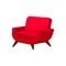 Stylish armchair with bright red upholstery and wooden legs. Furniture for living room. Soft chair. Flat vector icon