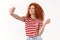 Stylish attractive redhead curly-haired girl fashionable strike pose taking selfie hold smartphone showing social media