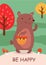 Stylish autumn card or banner with a cute bear. Funny vector illustration with text.