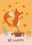 Stylish autumn card or banner with a cute fox. Funny vector illustration with text.