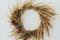 Stylish autumn rustic wreath flat lay. Creative boho wreath with dried pampas grass, tansy wildflowers, wheat, dog-rose berries on