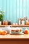 Stylish background of cupcakes, baking setup with utensils and ingredients in trendy pastel colors