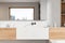 Stylish bathroom interior with washbasin, shelf with accessories and window