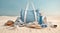 Stylish beach bag with accessories and tropical beach in the background, summer vacations concept. Created with