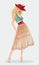 Stylish beautiful girl wearing fashion clothes and red hat. Detailed cute graphic woman. Fashion illustration.