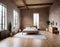 Stylish bedroom with geometric window in
