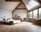 Stylish bedroom with geometric window in